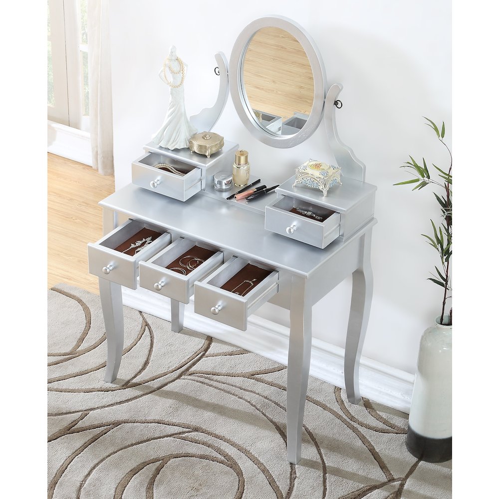 Ashley Wood Makeup Vanity Table and Stool Set, Silver