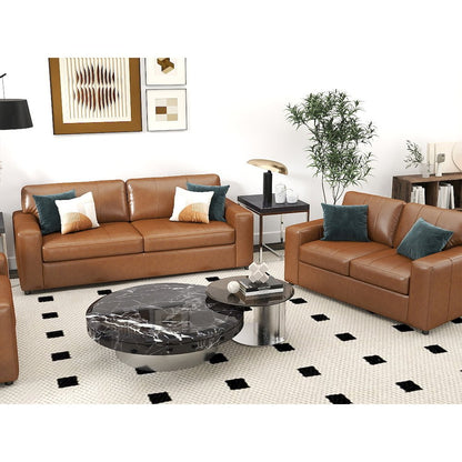Sakan Leather 3-Pc Living Room Set, Sofa Loveseat and Chair, Caramel