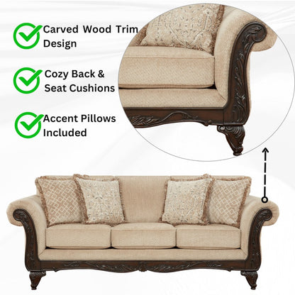 Hernen 2-Piece Living Room Set, Carved Wood Frame Sofa and Loveseat, Emma Wheat