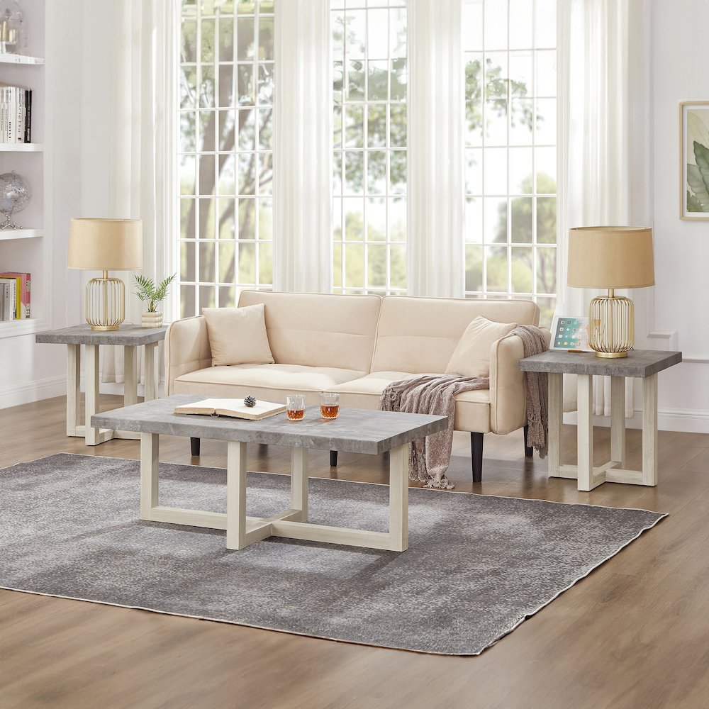 3-Piece Coffee Table Set, Coffee Table, Two End Tables, Faux Concrete and White