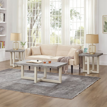 3-Piece Coffee Table Set, Coffee Table, Two End Tables, Faux Concrete and White
