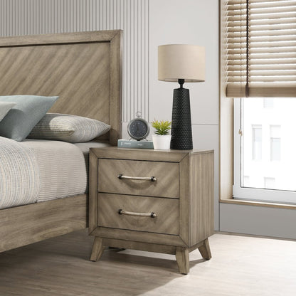 Wood Bedroom Set: King Bed, Dresser, Mirror, Nightstand in Weathered Sand