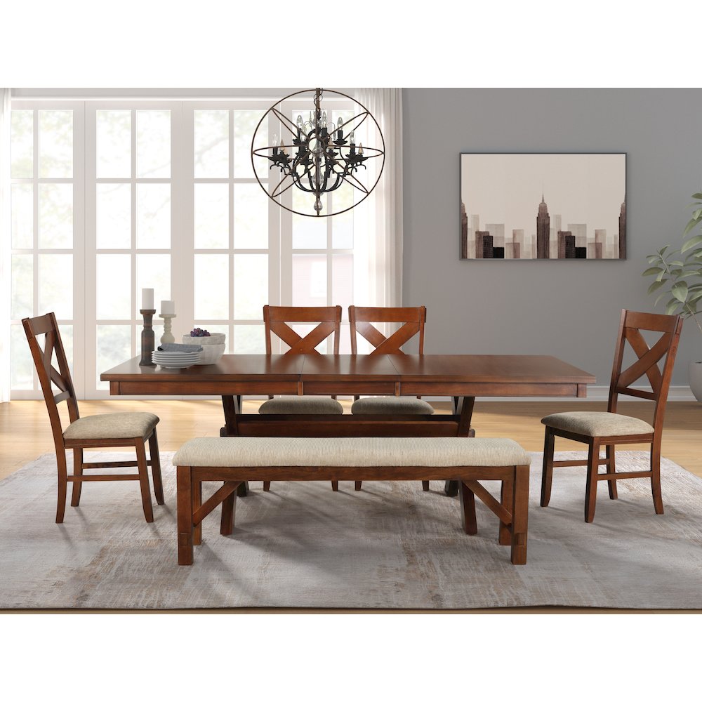 6-Piece Dining Set, Extendable Trestle Dining Table, 4 Chairs, Bench
