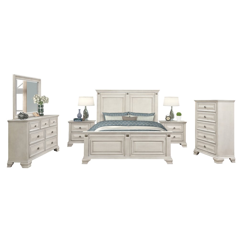 Parchment Wood Bedroom Set, Queen Bed, Dresser, Mirror, 2 Nightstands, Chest