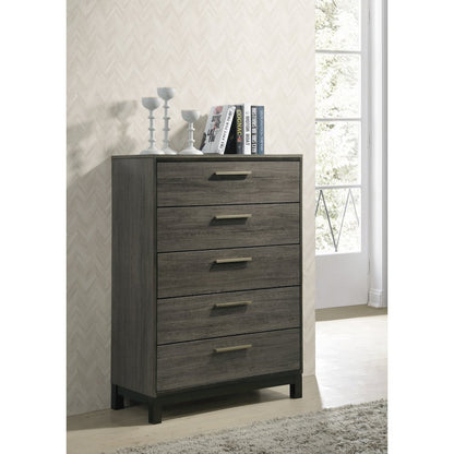 Grey Finish Wood Bed Room Set, Queen Bed, Dresser, Mirror, 2 Night Stands, Chest