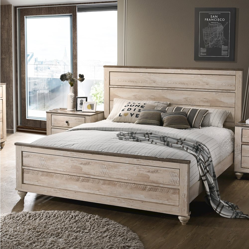 White Wash Finish 5-Piece Bedroom Set-King Bed, Dresser, Mirror, 2 Nightstands