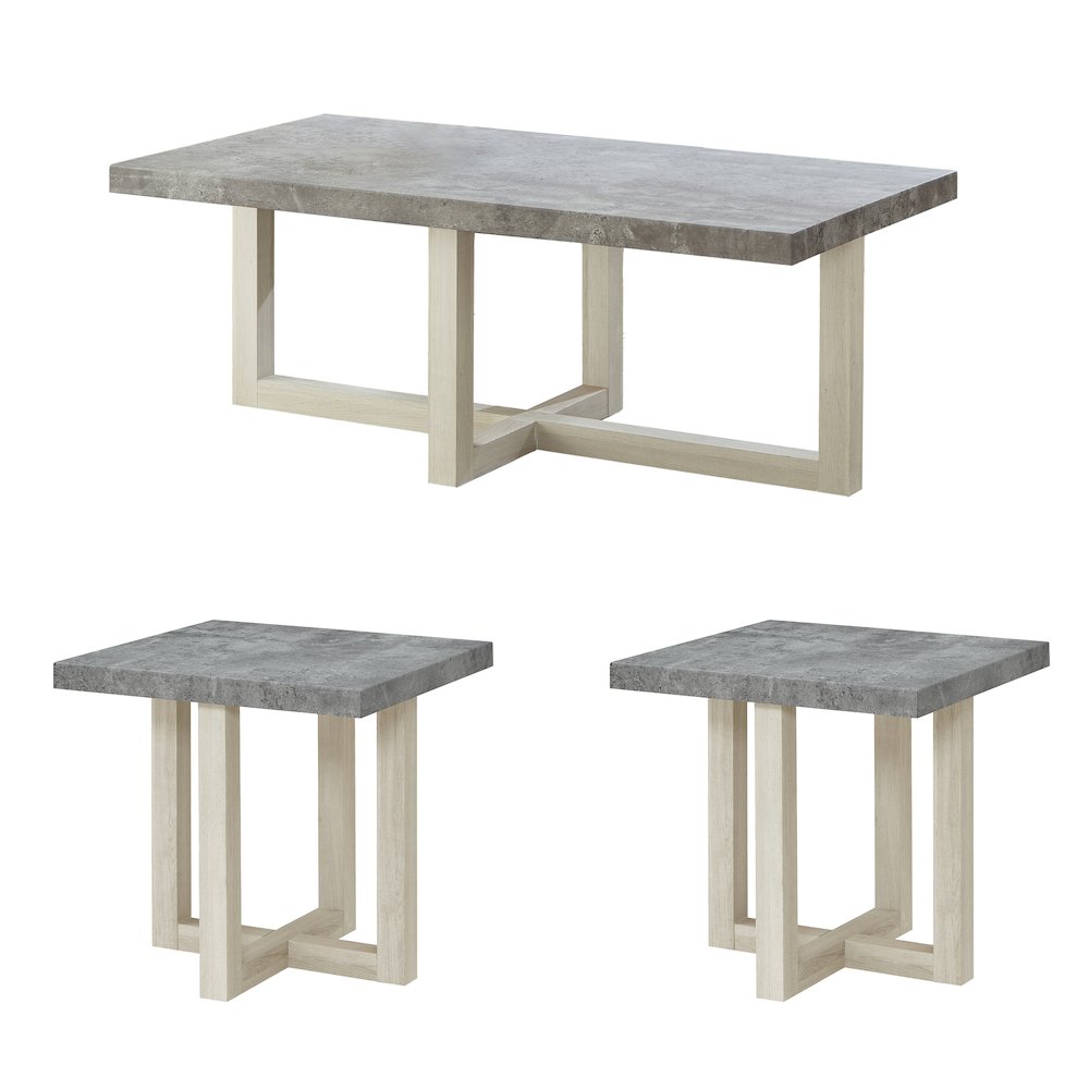 3-Piece Coffee Table Set, Coffee Table, Two End Tables, Faux Concrete and White