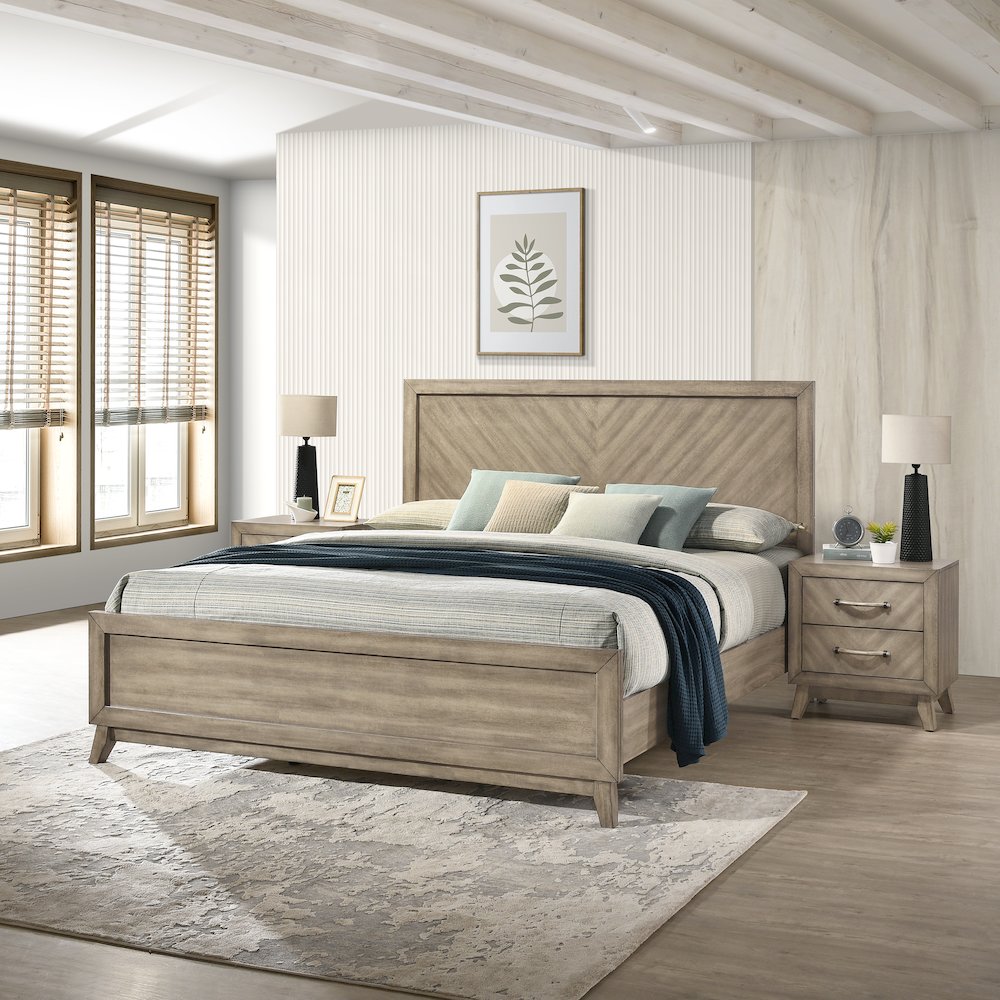 Wood Bedroom Set: King Bed, Dresser, Mirror, 2 Nightstands in Weathered Sand