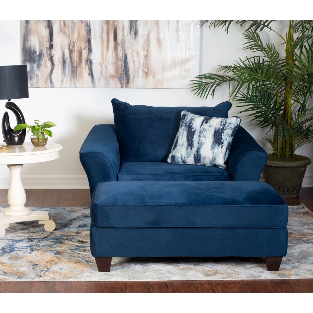 Camero Fabric Pillowback Chair with Ottoman Set in Navy Blue