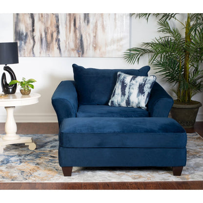 Camero Fabric Pillowback Chair with Ottoman Set in Navy Blue