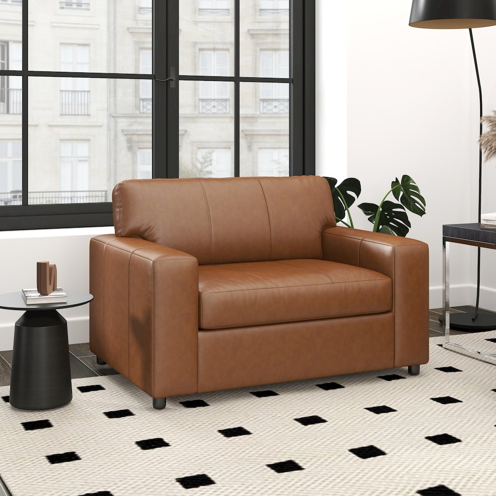 Sakan Leather 3-Pc Living Room Set, Sofa Loveseat and Chair, Caramel