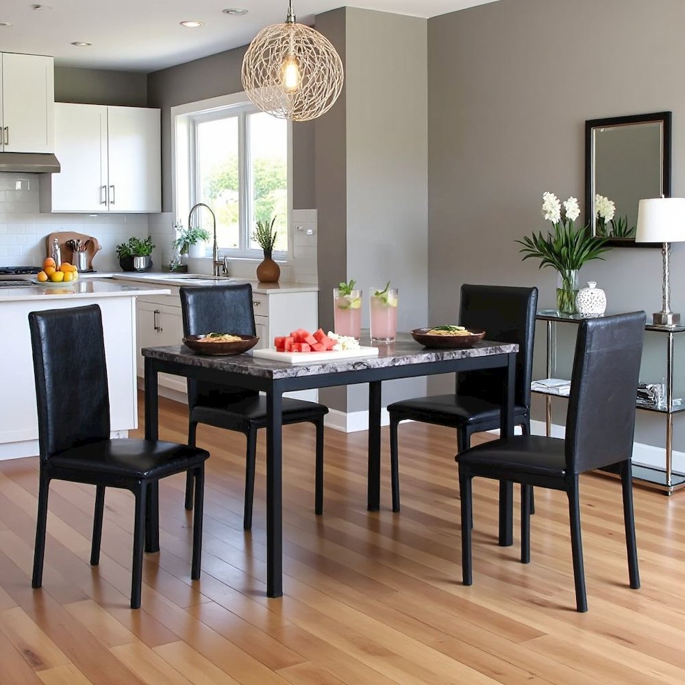 Black Faux Marble Dining Table Set with 4 Chairs, 5-Piece Set