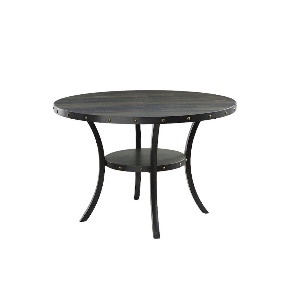 Gray Round Dining Table Set for 4, Upholstered Chairs and Nailhead Trim