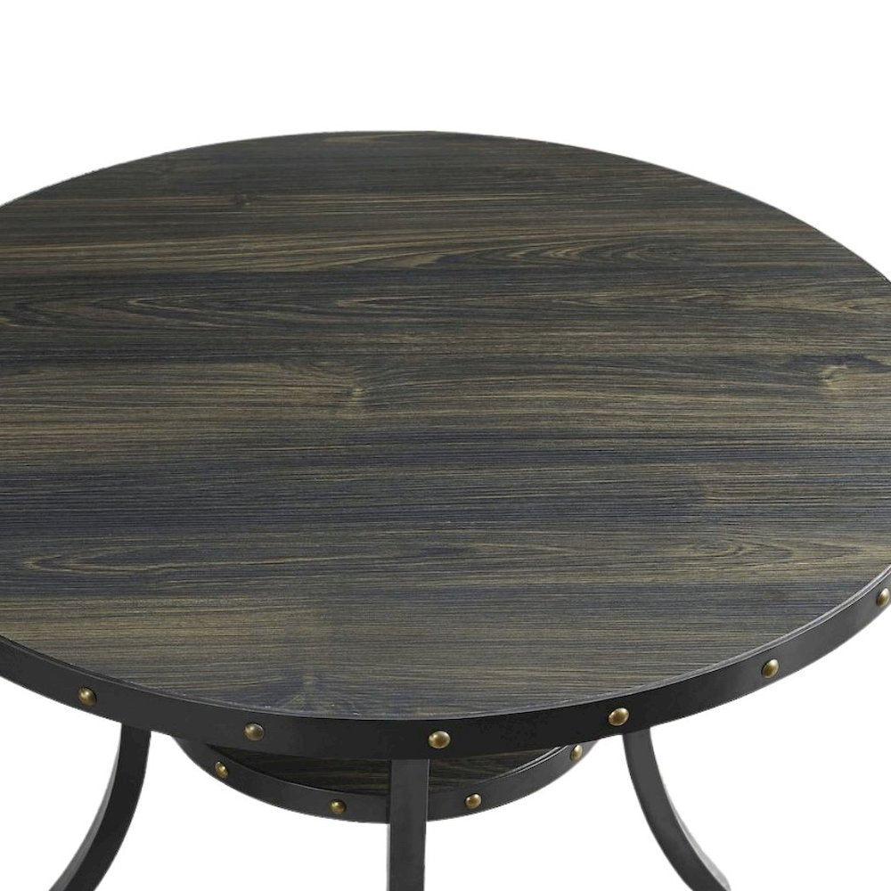 Gray Round Dining Table Set for 4, Upholstered Chairs and Nailhead Trim