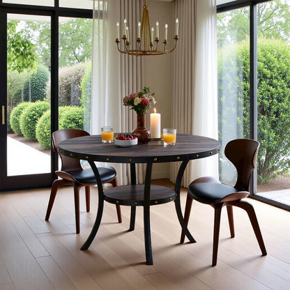 Gray Round Dining Table with Open Shelf – Modern Kitchen Wooden Table