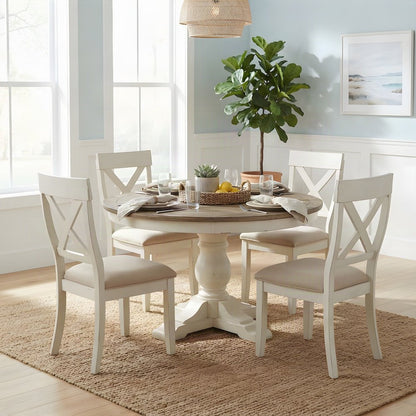 Wood Round Dining Table and Upholstered Chairs 5 Piece Set, Antique White
