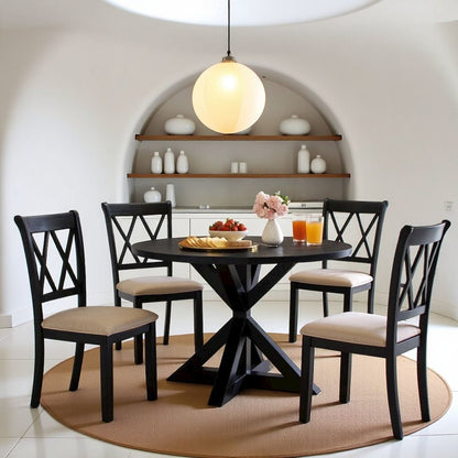 Black Wooden Round Dining Table Set for 4 with Kitchen Chairs, 5-Piece