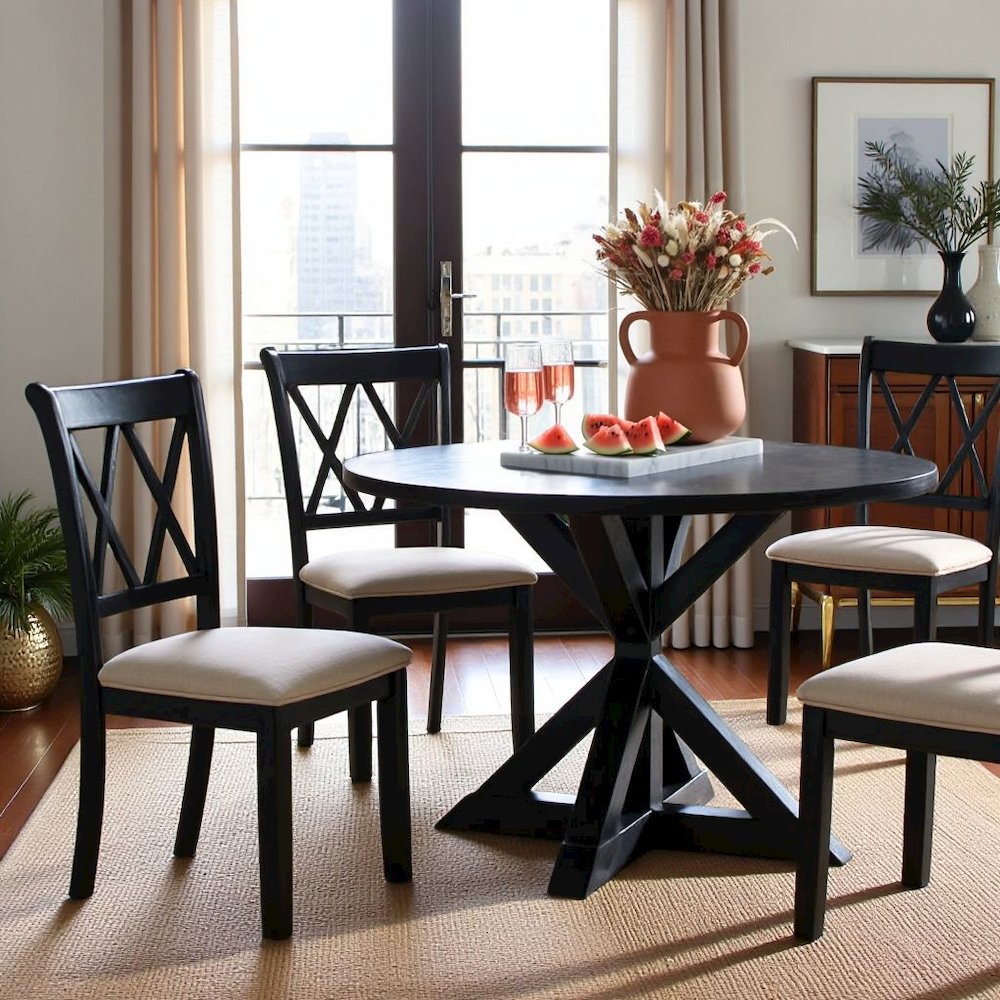 Black Wooden Round Dining Table Set for 4 with Kitchen Chairs, 5-Piece
