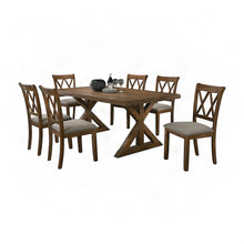 Wood Trestle Dining Table with Upholstered Chairs 7 Piece Set, Cotttage Oak