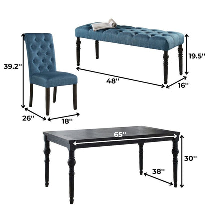 Blue Dining Table Set for 6 with Bench and Chairs, For Kitchen or Dining Areas