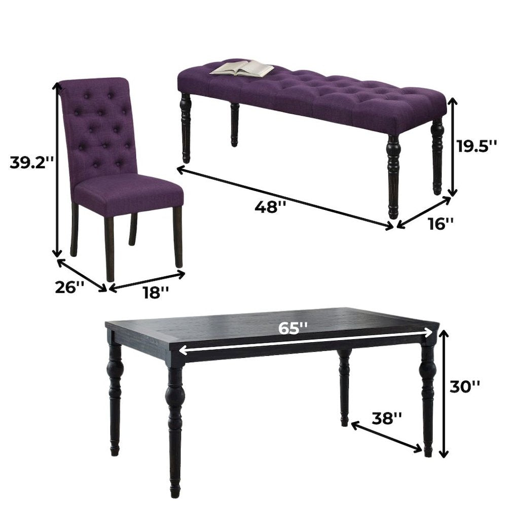 Purple Dining Table Set for 6 with Bench and Chairs, For Kitchen or Dining Areas