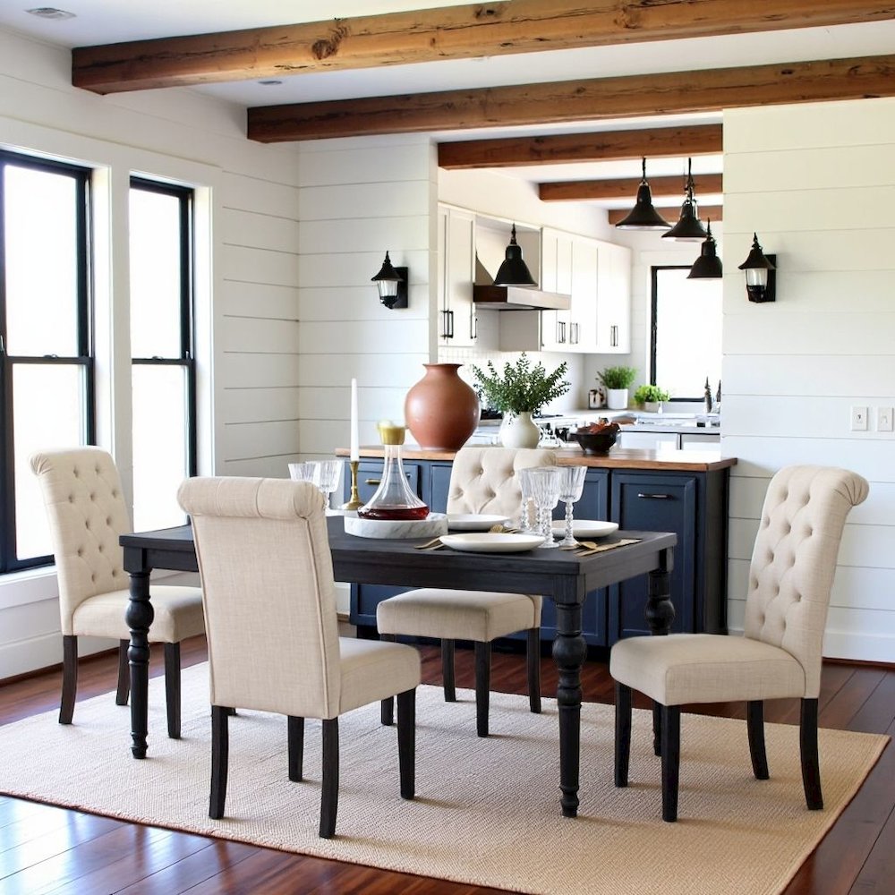 Beige Tan Kitchen Table Chairs Set of 4, Wood Dining Set with Tufted Seats