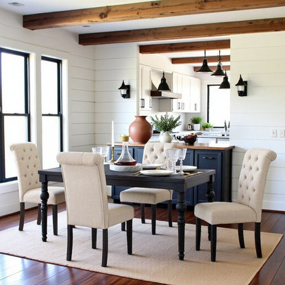 Beige Tan Kitchen Table Chairs Set of 4, Wood Dining Set with Tufted Seats