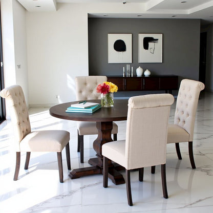 Beige Round Dining Table Set for 4 with Chairs, Ideal for Kitchen Spaces