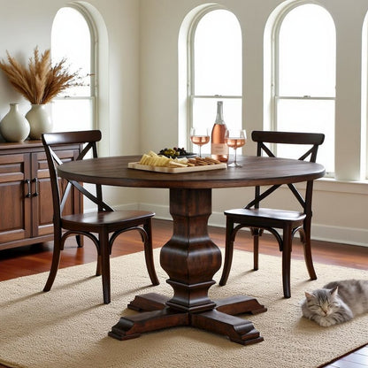 Round Wooden Kitchen Table with Pedestal Base in Brown Oak Finish