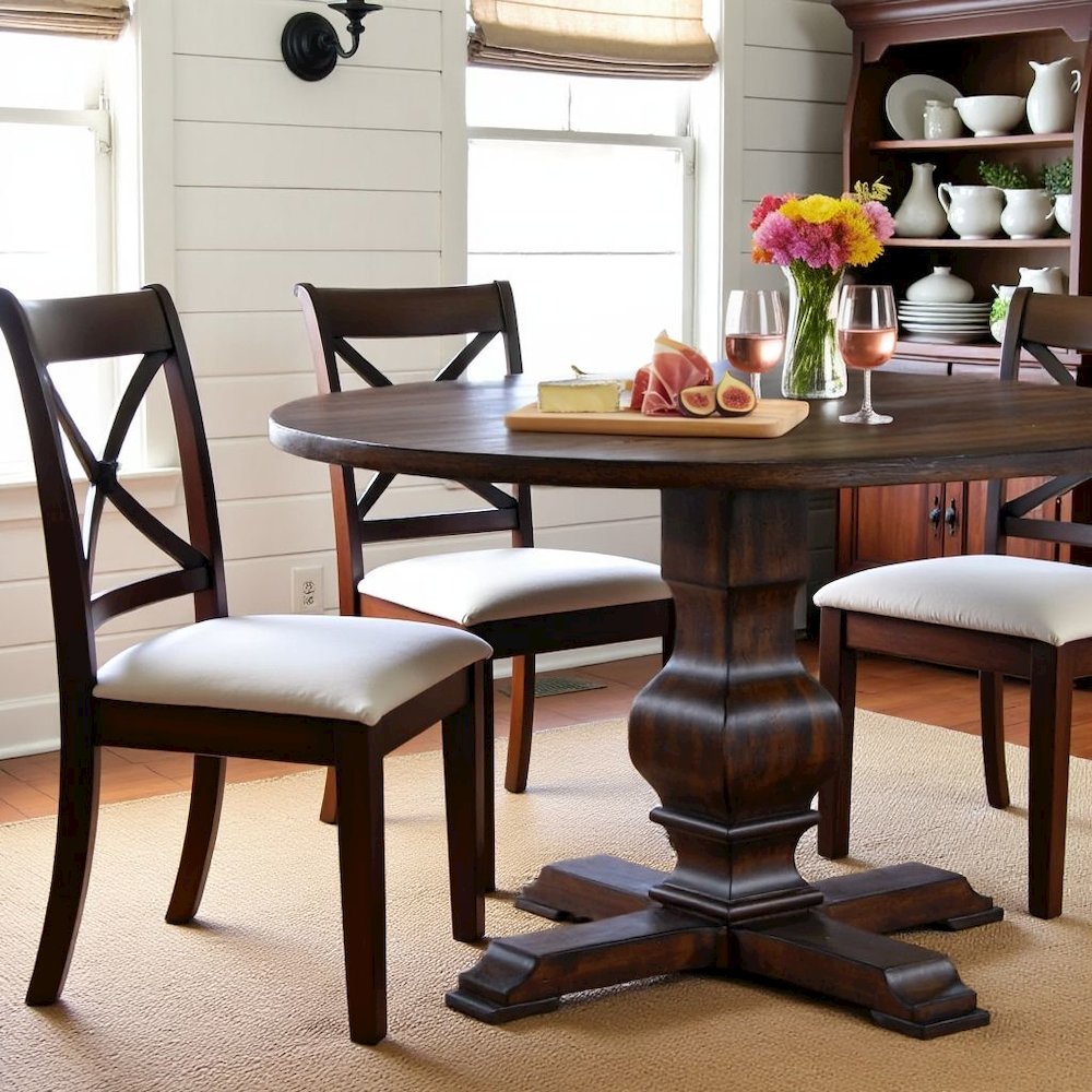 Round Wooden Kitchen Table with Pedestal Base in Brown Oak Finish