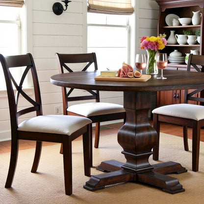 Round Wooden Kitchen Table with Pedestal Base in Brown Oak Finish