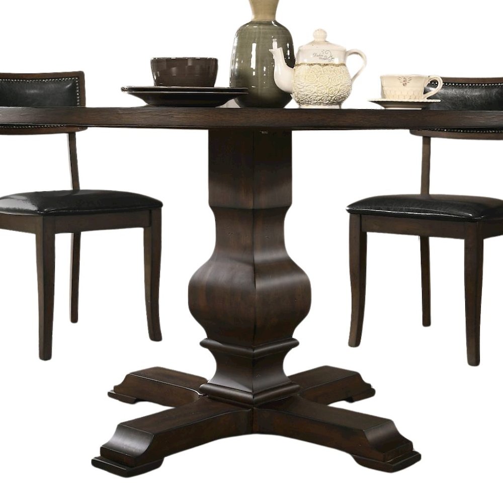 Round Wooden Kitchen Table with Pedestal Base in Brown Oak Finish