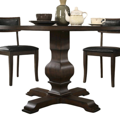 Round Wooden Kitchen Table with Pedestal Base in Brown Oak Finish