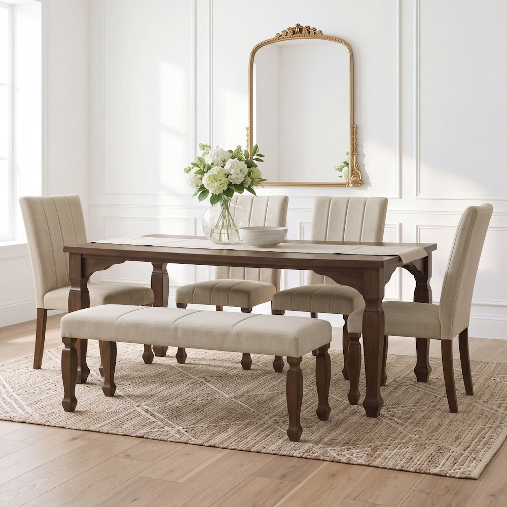 Rowan 6-Piece Dining Set, 72-inch Dining Table; 4 Chairs and Bench,Walnut Finish