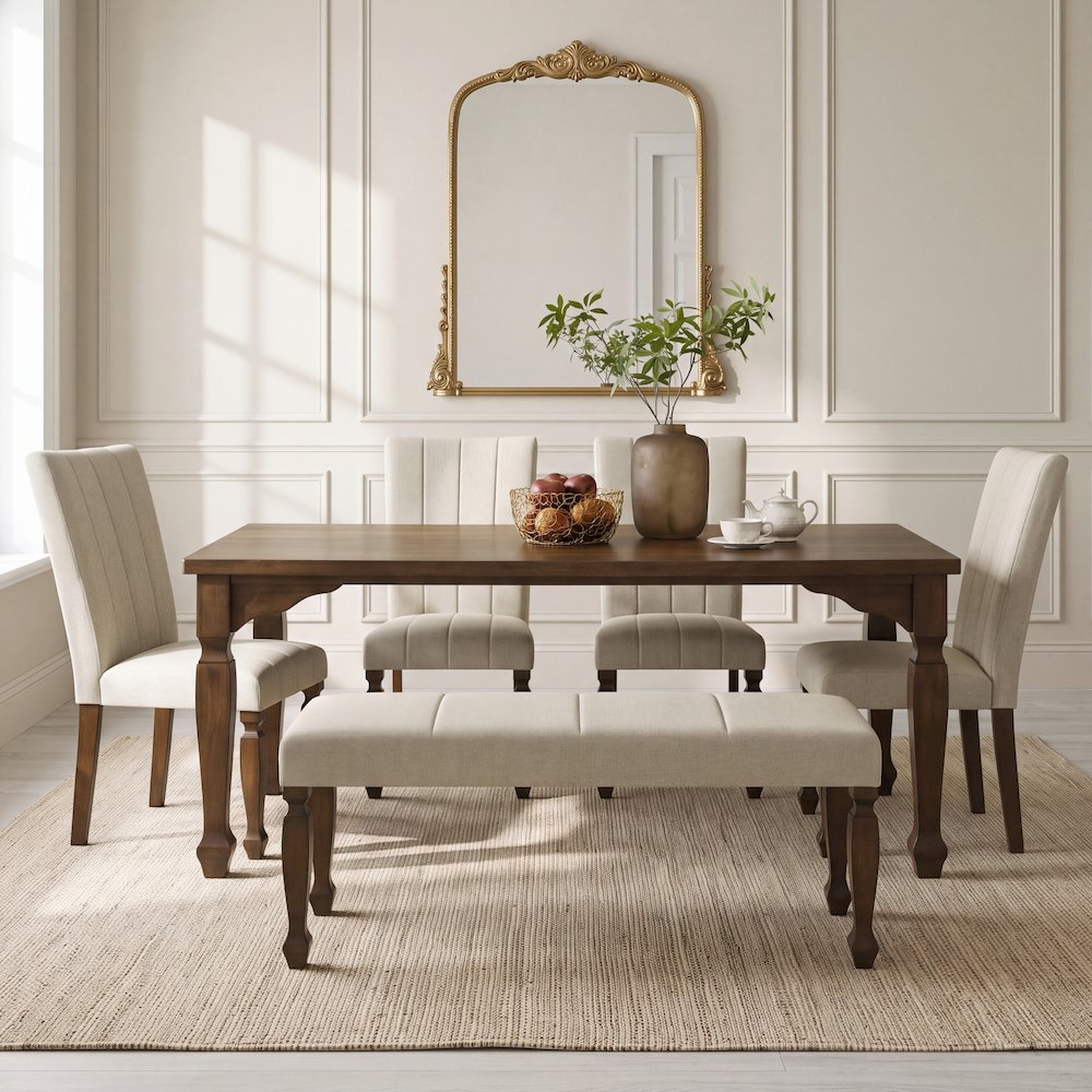 Rowan 6-Piece Dining Set, 72-inch Dining Table; 4 Chairs and Bench,Walnut Finish