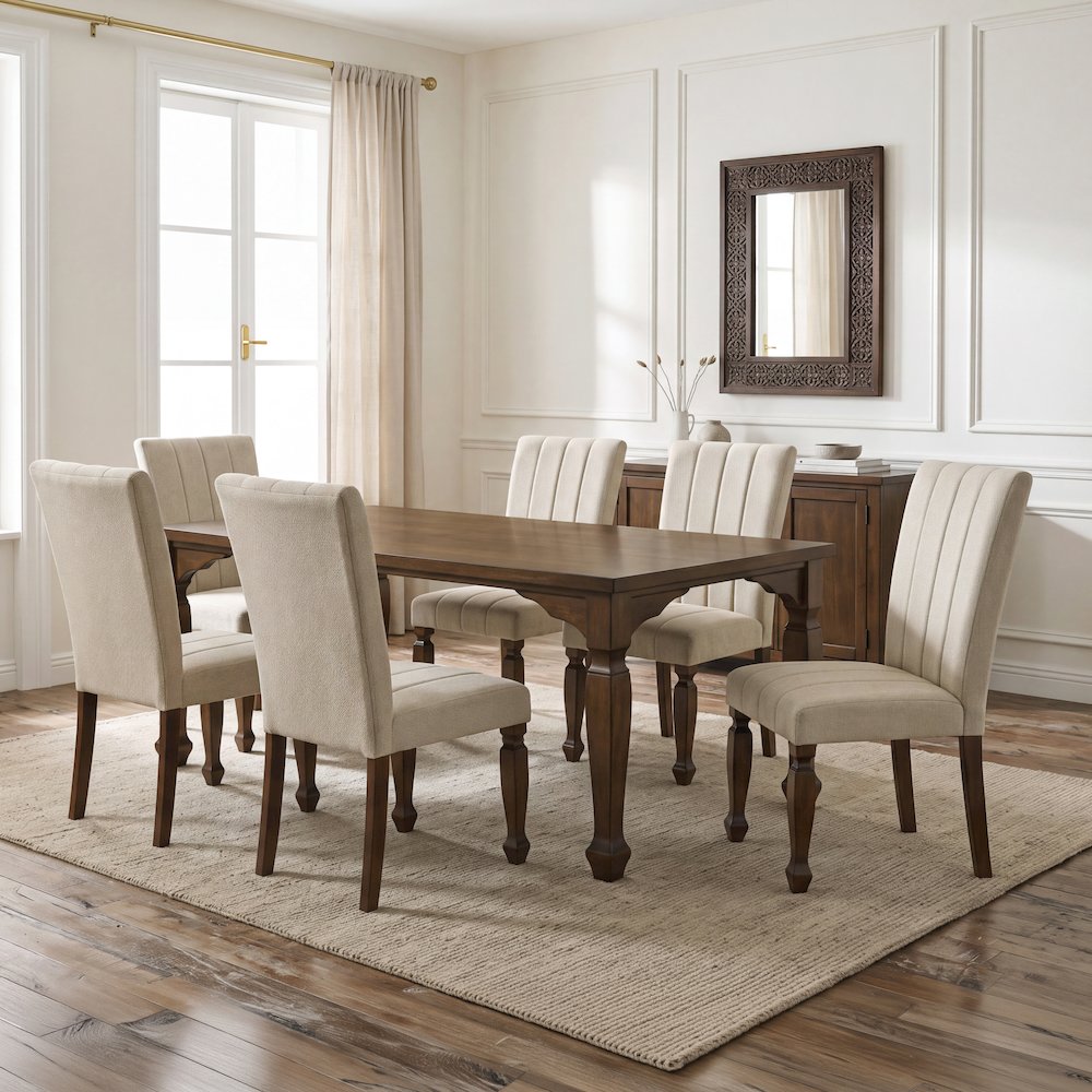 Rowan 7-Piece Dining Set, 72-inch Dining Table with 6 Chairs, Walnut Finish