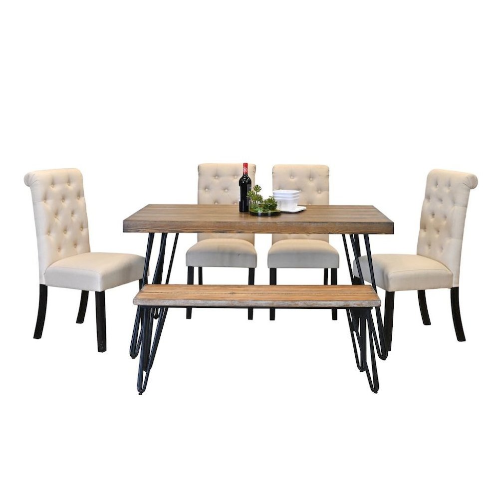 Beige Dining Table with Bench and 4 Chairs, Mid Century Kitchen Room Set