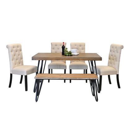 Beige Dining Table with Bench and 4 Chairs, Mid Century Kitchen Room Set