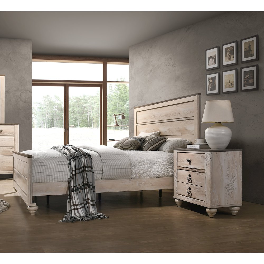 White Wash Finish 3-Piece Bedroom Set-King Bed and Two Nightstands