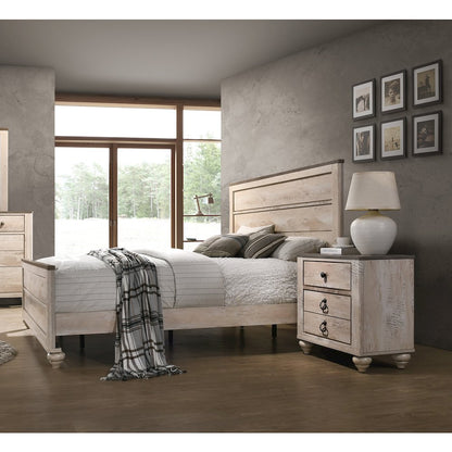 White Wash Finish 3-Piece Bedroom Set-King Bed and Two Nightstands
