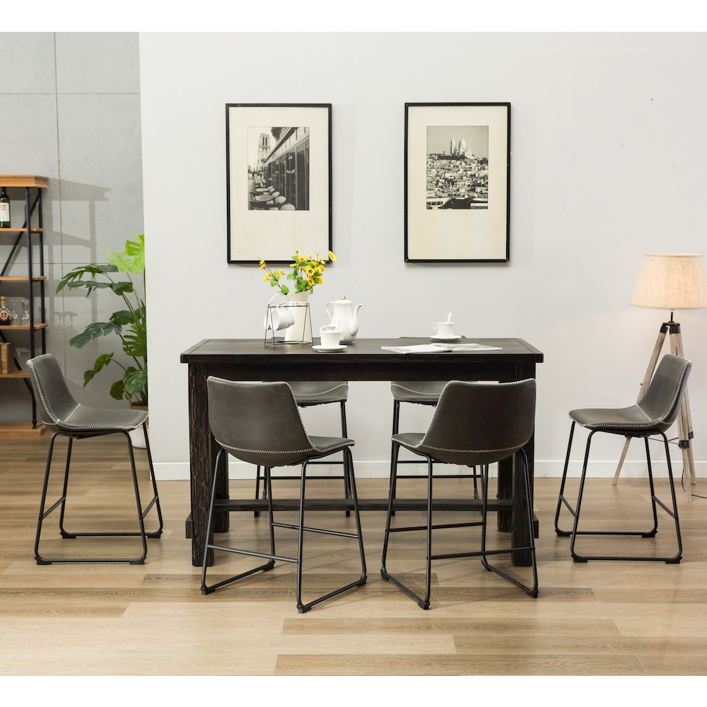 7-Piece Counter Height Antique Black Wood Dining Table with 6 Gray Chairs