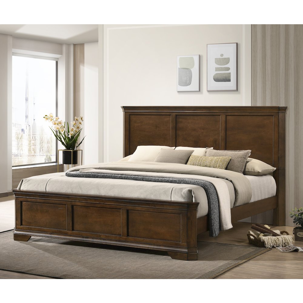 Wood Panel Bed, Dresser, Mirror, Nightstand, King, Antique Walnut Finish