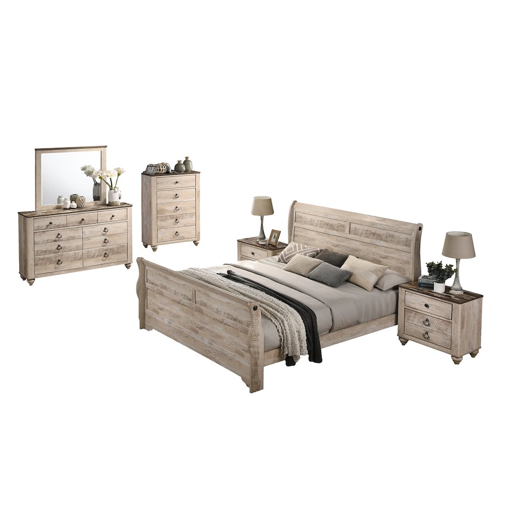 White Wash Finish Bedroom Set: King Bed, Dresser, Mirror, Two Nightstands, Chest