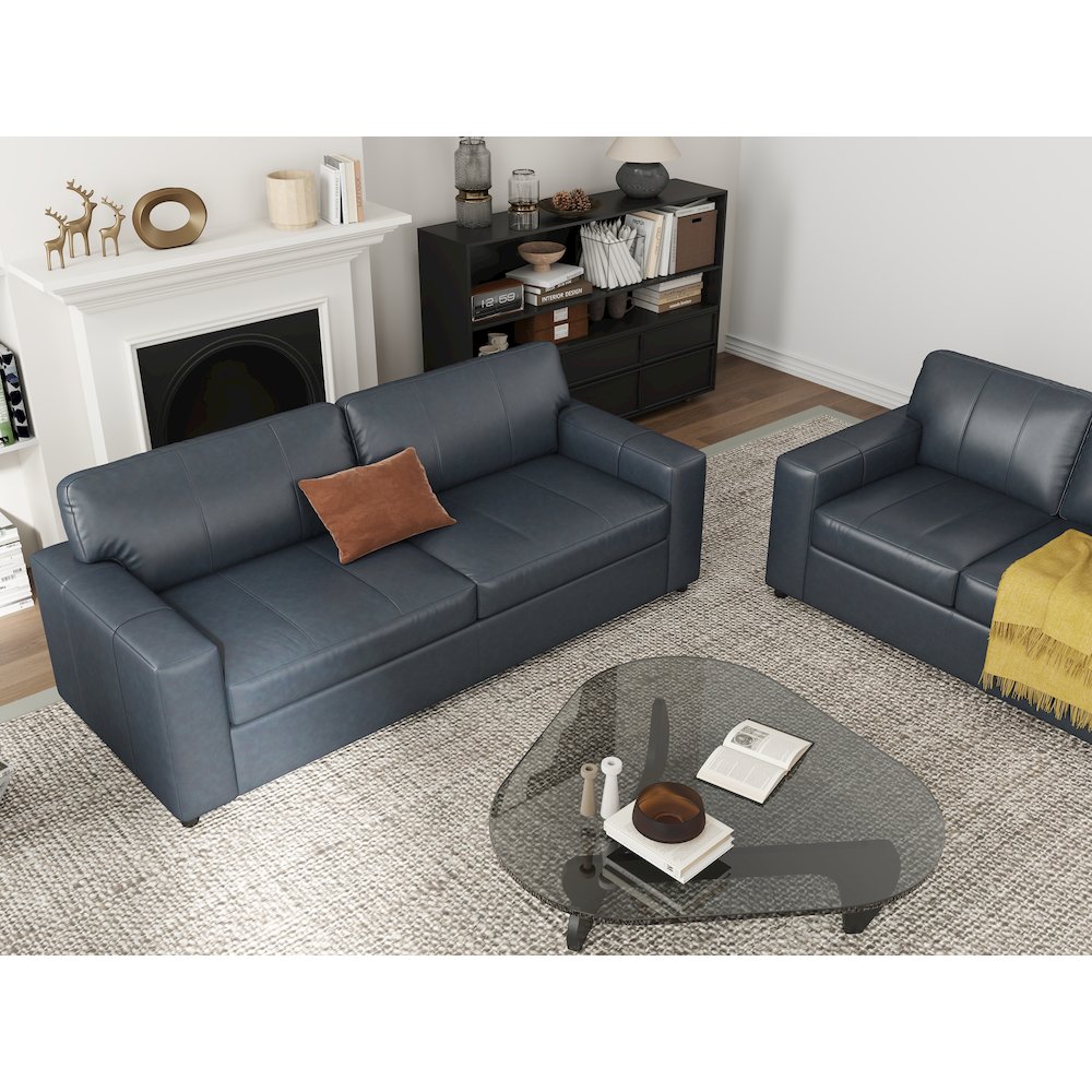 Sakan Leather 3-Pc Living Room Set, Sofa Loveseat and Chair, Blue