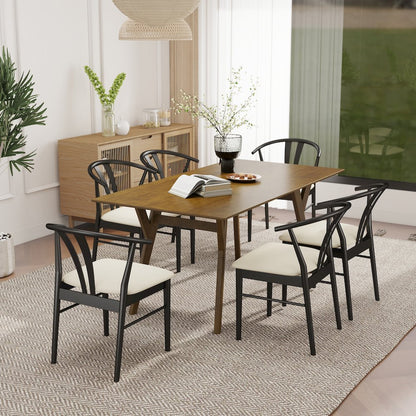 7-Piece Dining Set, Walnut Finished Dining Table with 6 Black Wishbone Chairs