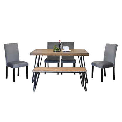 Ashzo 6-Pc Dining Set, Hairpin Dining Table with 4 Chairs and Bench, Gray