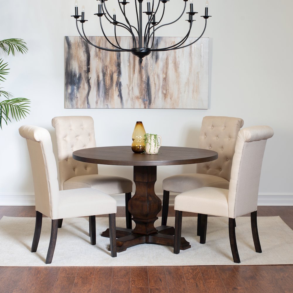 Kerbau 5-Pc Dining Set, Pedestal Round Table with 4 Stylish Chairs, Tan