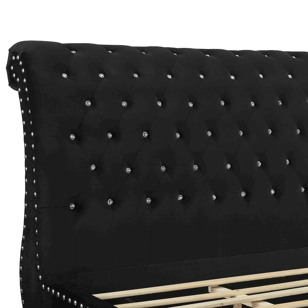 Evora Black Velvet Upholstered Crystal Button Tufted Sleigh Bed, King