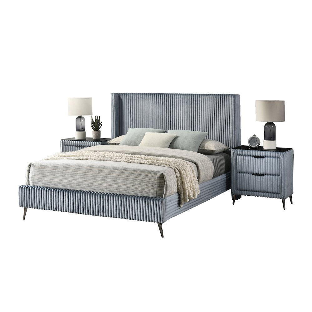Mavela Wide Wale Corduroy Upholstery Queen Bed with 2 Nightstands, Blue