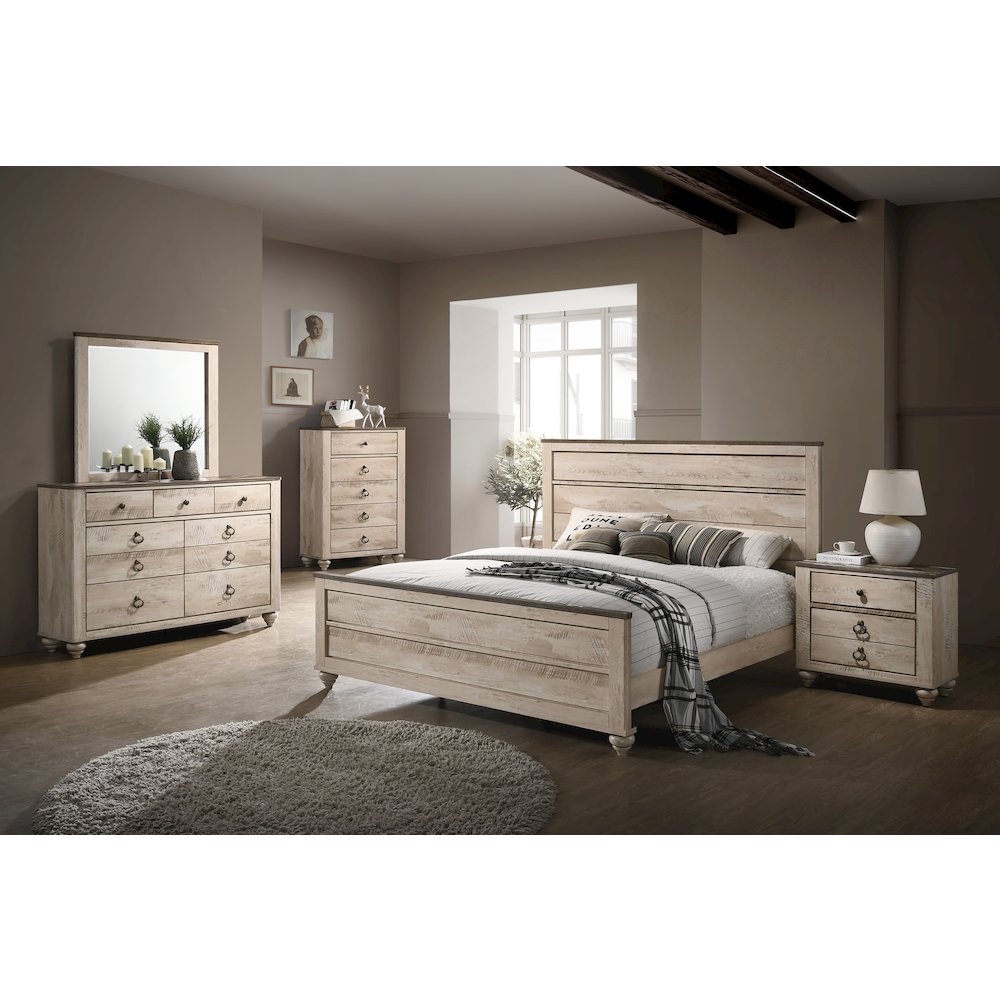 White Wash Finish Bedroom Set, King Bed, Dresser, Mirror, Nightstand and Chest